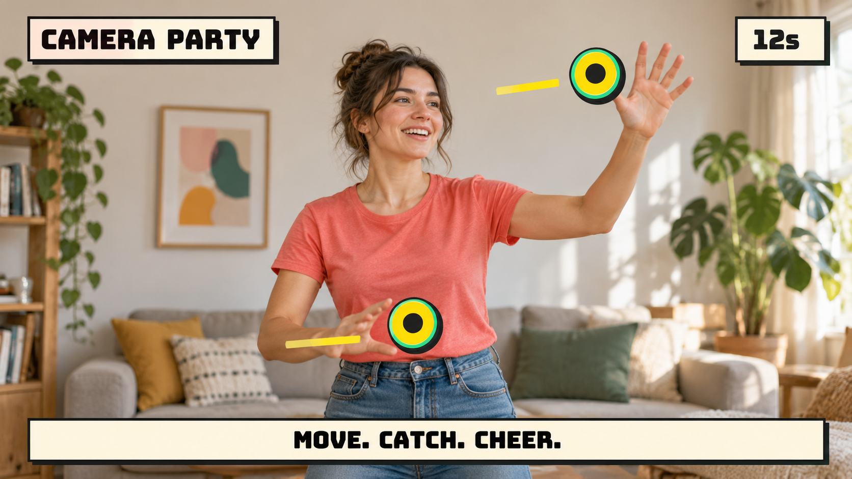 Illustrative camera game scene with a player moving her hands to catch targets in her living room