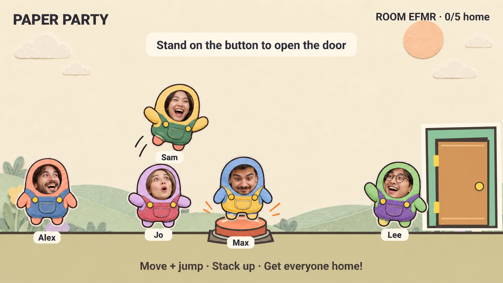 Paper Party gameplay illustration with five paper characters and expressive player face cutouts